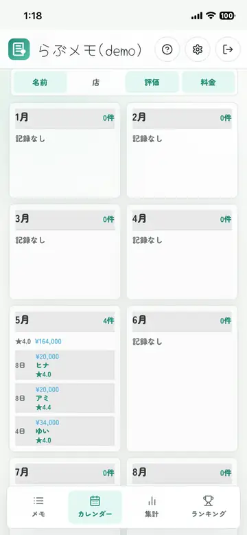 月別の訪問履歴を一覧できる年間カレンダー画面