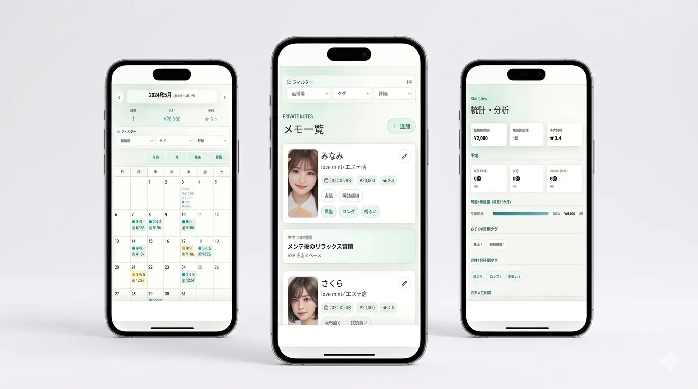 らぶメモの訪問カレンダーと金額集計を確認できる画面イメージ